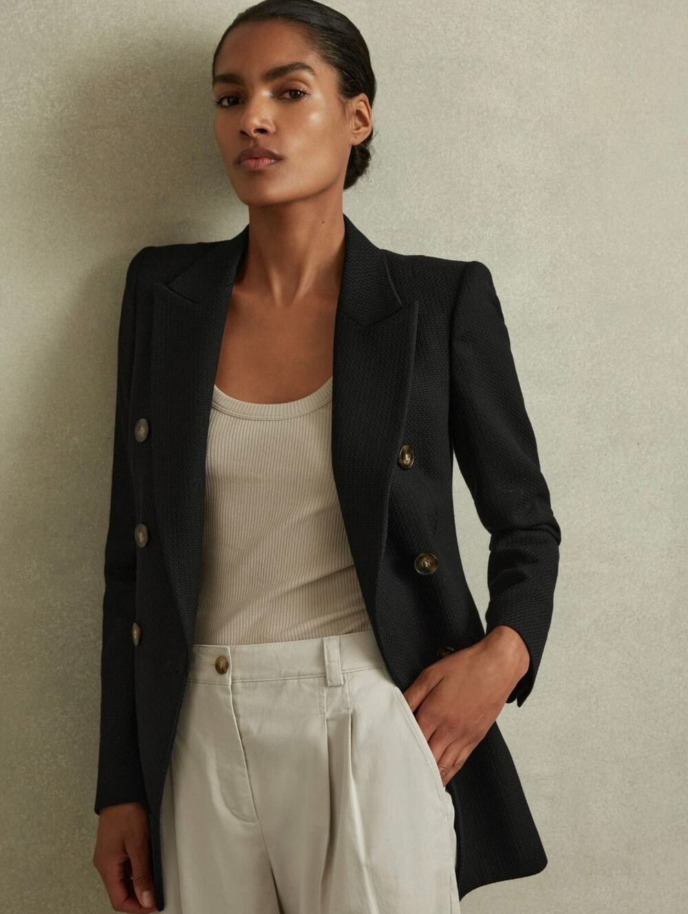 REISS Lana Twill Wool Blend Double Breasted Jacket Size US 10
